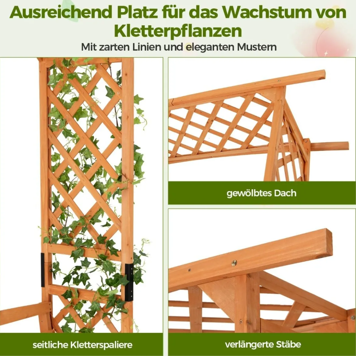 Holz Rosenbogen mit Bank & Rankhilfe Gartenbogen Torbogen für Kletterpflanzen