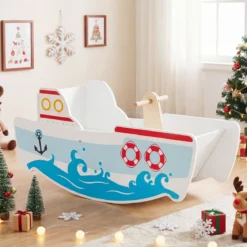 Holz Schaukelboot mit 40° Schaukelbereich & nautischem Design & Rückenlehne Schaukelpferd