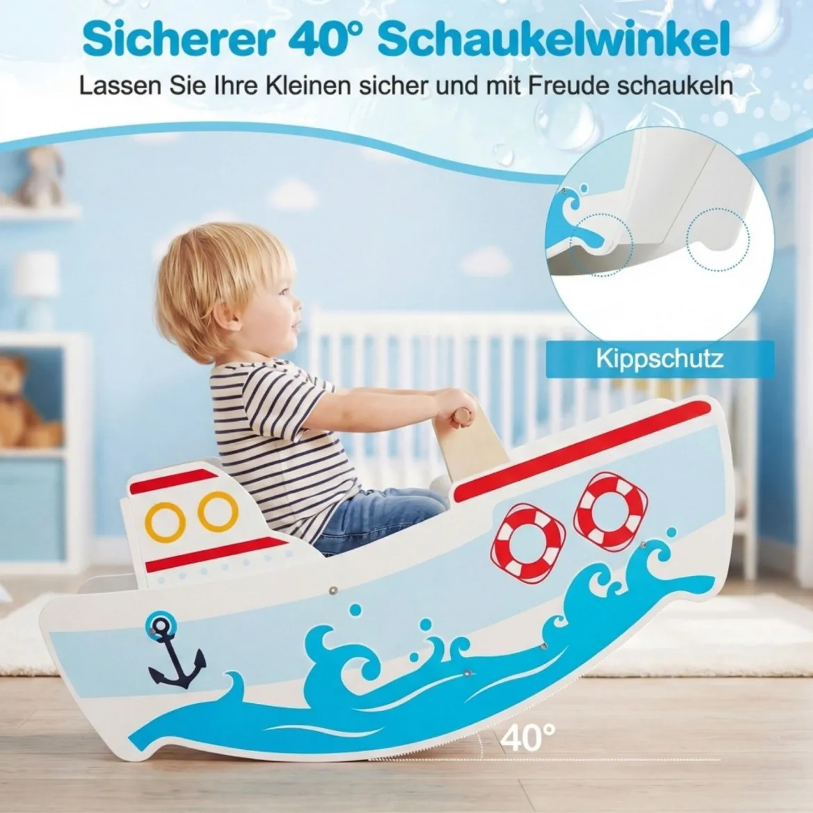 Holz Schaukelboot mit 40° Schaukelbereich & nautischem Design & Rückenlehne Schaukelpferd