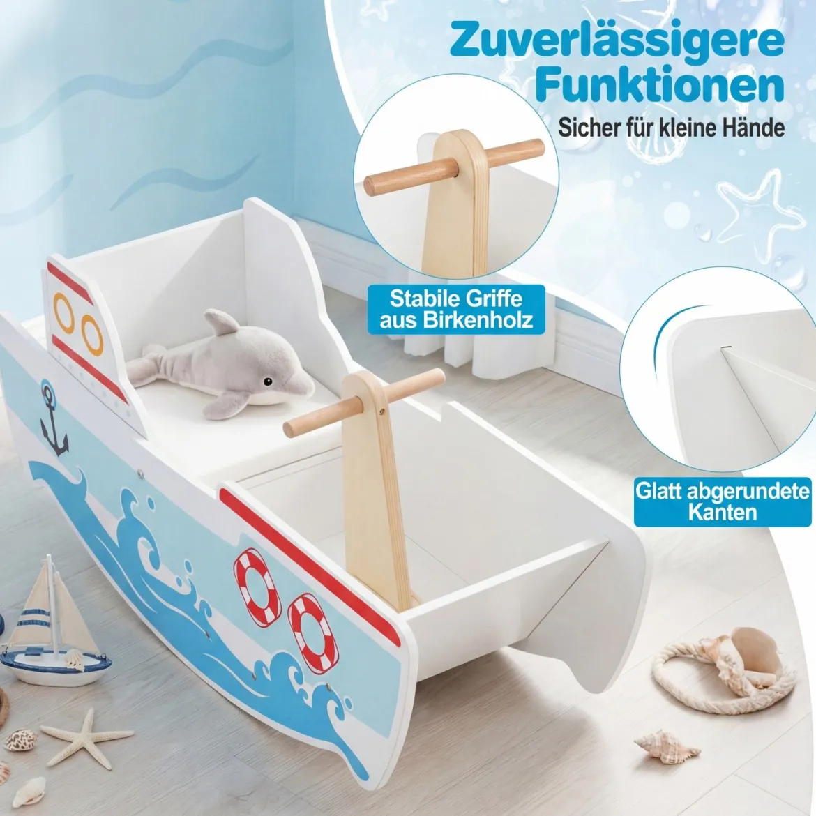 Holz Schaukelboot mit 40° Schaukelbereich & nautischem Design & Rückenlehne Schaukelpferd