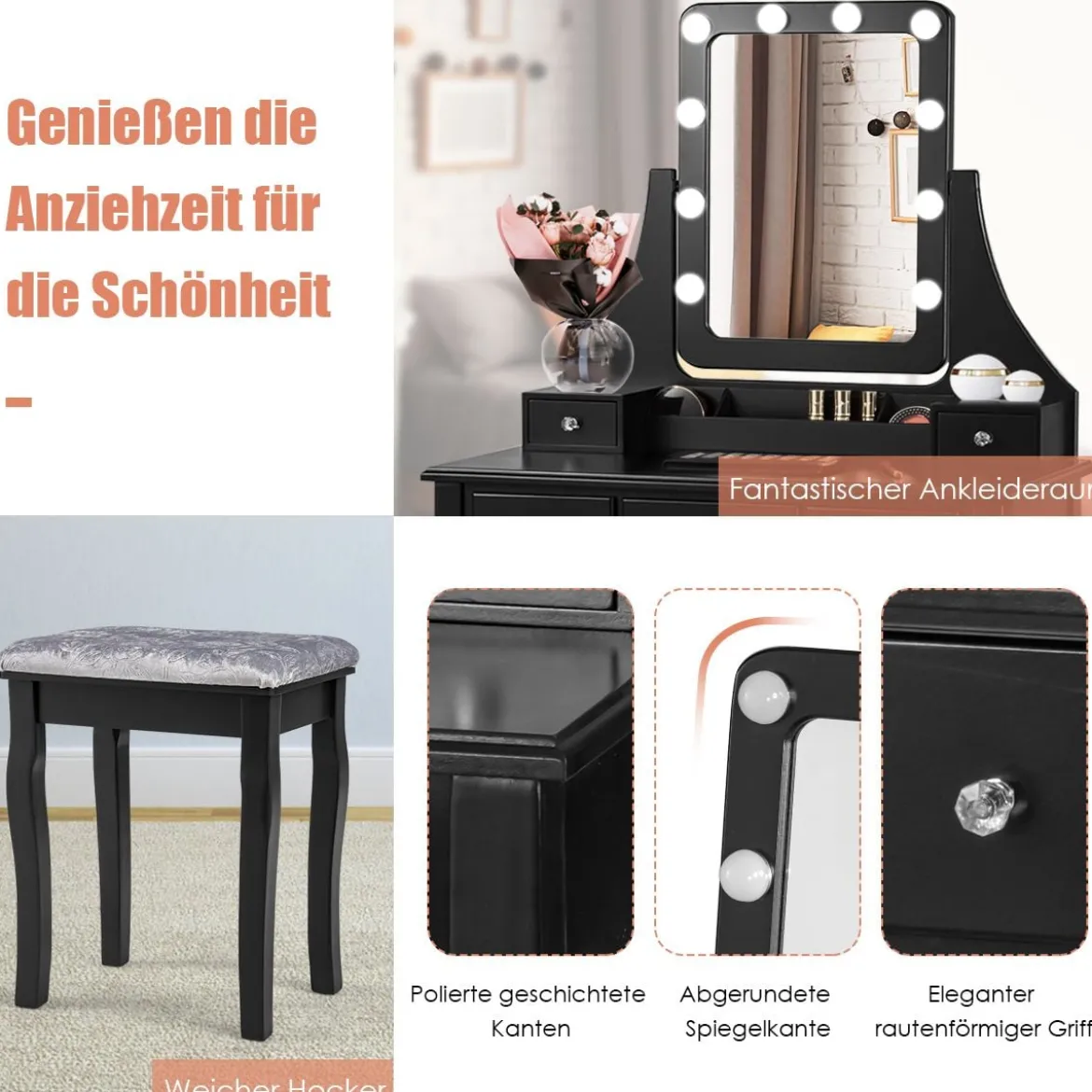 Holz-Schminktisch mit rechteckigem Spiegel & gepolstertem Hocker 80 x 40 x 135,5 cm Schwarz
