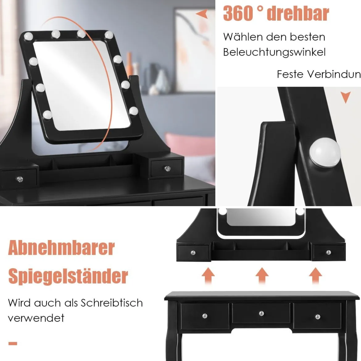 Holz-Schminktisch mit rechteckigem Spiegel & gepolstertem Hocker 80 x 40 x 135,5 cm Schwarz