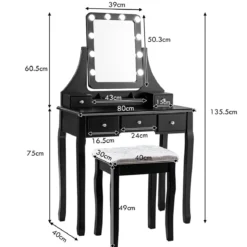 Holz-Schminktisch mit rechteckigem Spiegel & gepolstertem Hocker 80 x 40 x 135,5 cm Schwarz
