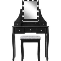 Holz-Schminktisch mit rechteckigem Spiegel & gepolstertem Hocker 80 x 40 x 135,5 cm Schwarz