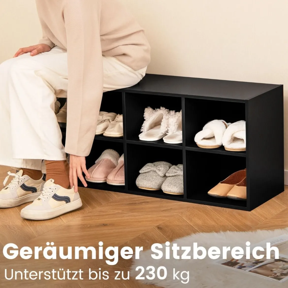 Holz Schuhbank mit Sitzfläche & 8 Offenen Fächern 230kg Belastbar Schuhschrank Schwarz Bücherschrank