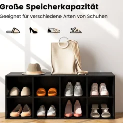 Holz Schuhbank mit Sitzfläche & 8 Offenen Fächern 230kg Belastbar Schuhschrank Schwarz Bücherschrank