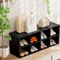 Holz Schuhbank mit Sitzfläche & 8 Offenen Fächern 230kg Belastbar Schuhschrank Schwarz Bücherschrank