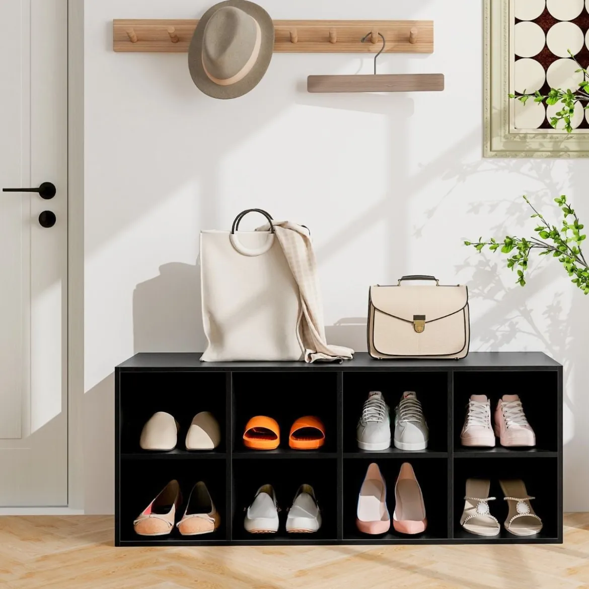 Holz Schuhbank mit Sitzfläche & 8 Offenen Fächern 230kg Belastbar Schuhschrank Schwarz Bücherschrank