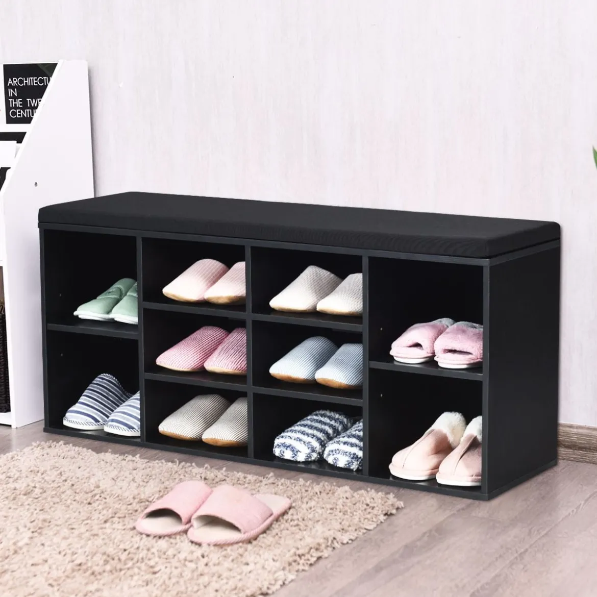 Holz Schuhbank mit Sitzfläche & 10 Offenen Fächern Schuhregal 104 x 30 x 48 cm Schwarz