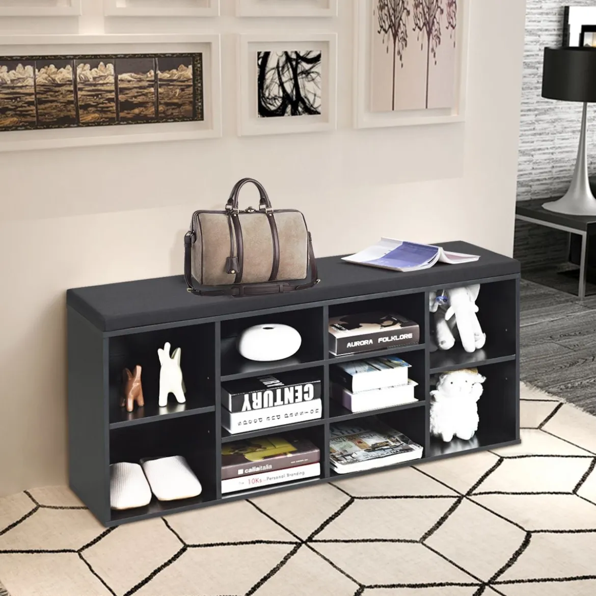 Holz Schuhbank mit Sitzfläche & 10 Offenen Fächern Schuhregal 104 x 30 x 48 cm Schwarz