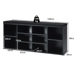 Holz Schuhbank mit Sitzfläche & 10 Offenen Fächern Schuhregal 104 x 30 x 48 cm Schwarz