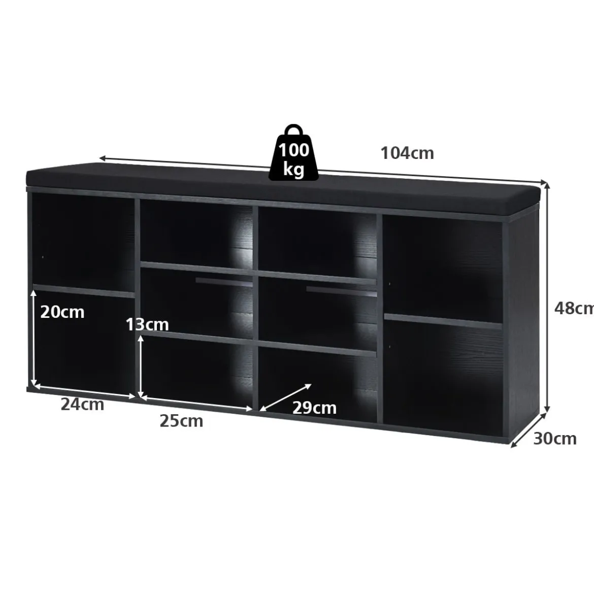 Holz Schuhbank mit Sitzfläche & 10 Offenen Fächern Schuhregal 104 x 30 x 48 cm Schwarz