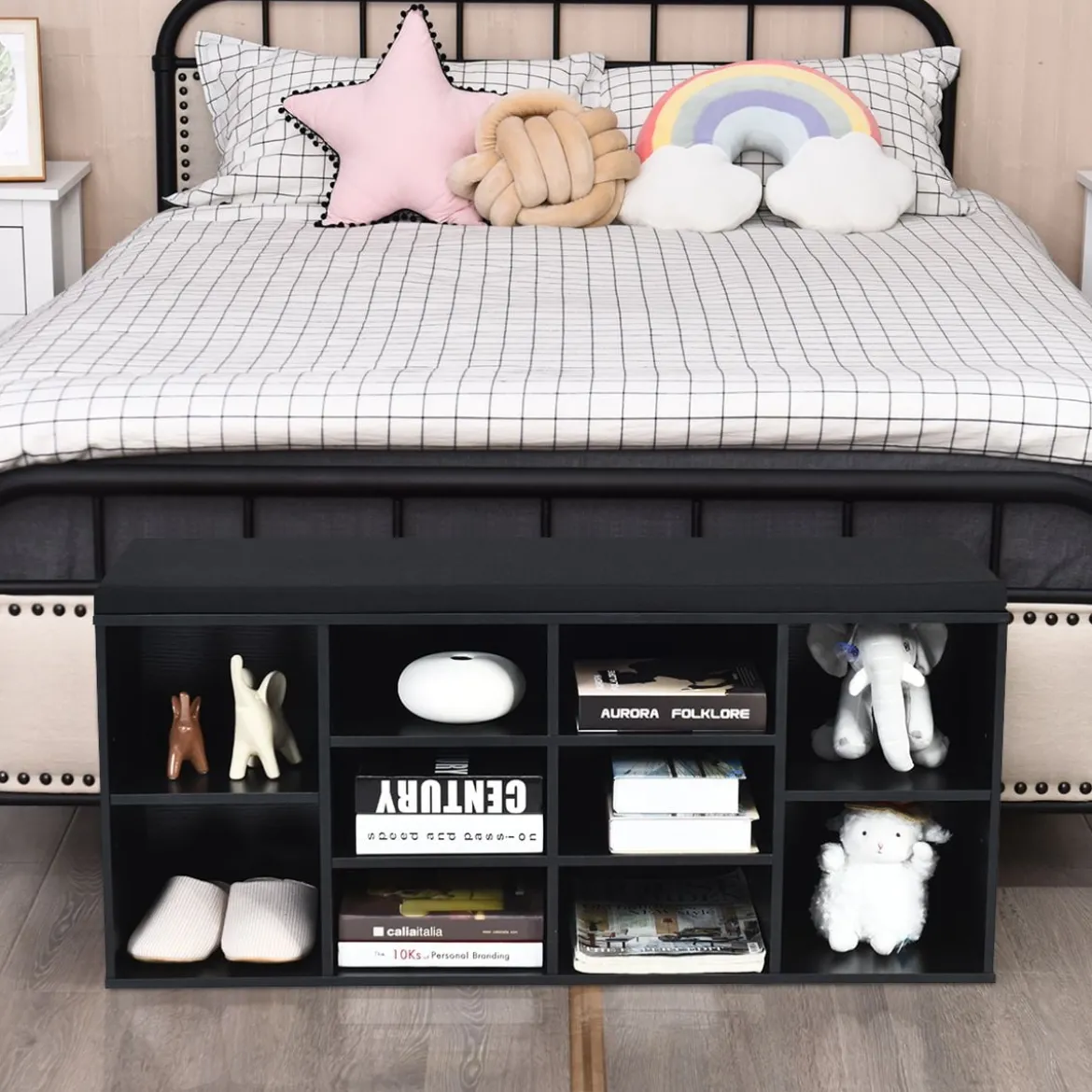 Holz Schuhbank mit Sitzfläche & 10 Offenen Fächern Schuhregal 104 x 30 x 48 cm Schwarz