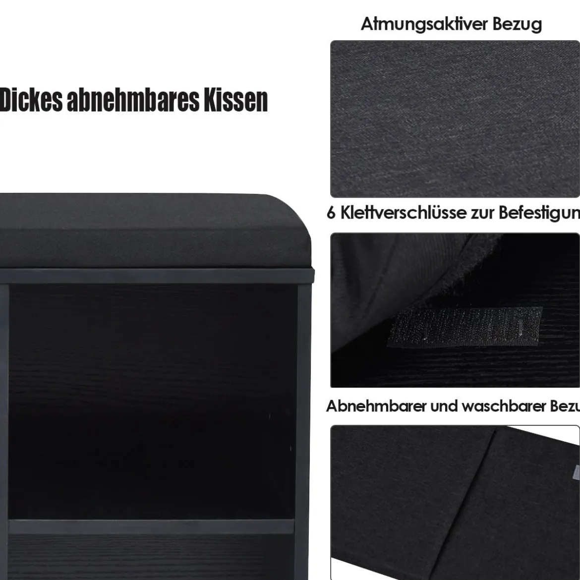 Holz Schuhbank mit Sitzfläche & 10 Offenen Fächern Schuhregal 104 x 30 x 48 cm Schwarz