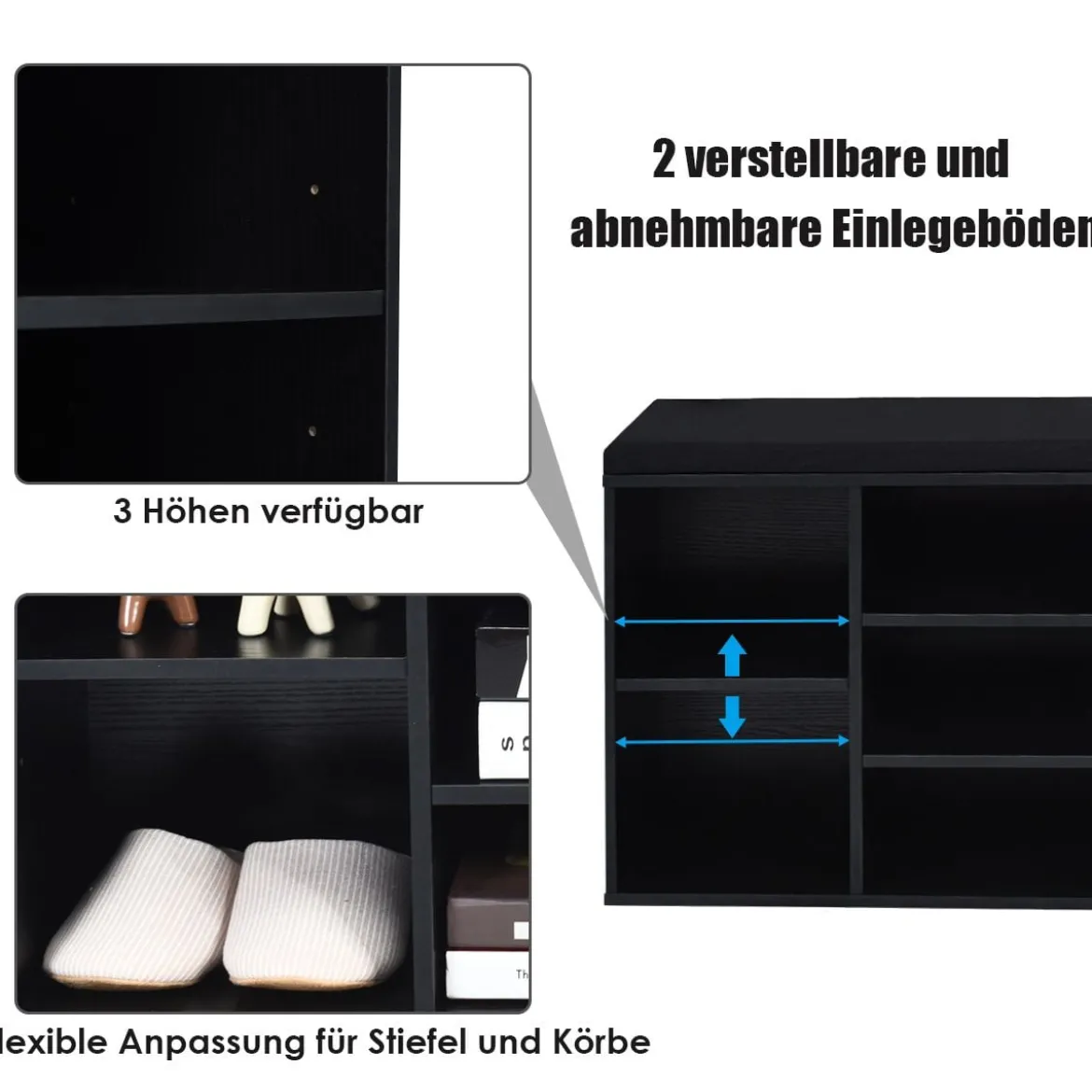 Holz Schuhbank mit Sitzfläche & 10 Offenen Fächern Schuhregal 104 x 30 x 48 cm Schwarz