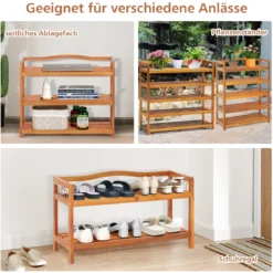 Holz Schuhregal 2-Ebenen Schuhregal aus massivem Akazienholz mit seitlichen Metallhaken Rotbraun