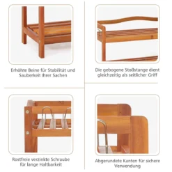Holz Schuhregal 2-Ebenen Schuhregal aus massivem Akazienholz mit seitlichen Metallhaken Rotbraun