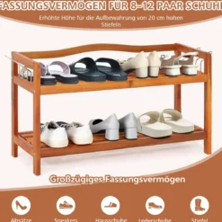 Holz Schuhregal 2-Ebenen Schuhregal aus massivem Akazienholz mit seitlichen Metallhaken Rotbraun