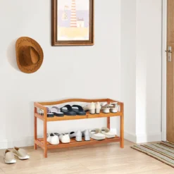 Holz Schuhregal 2-Ebenen Schuhregal aus massivem Akazienholz mit seitlichen Metallhaken Rotbraun