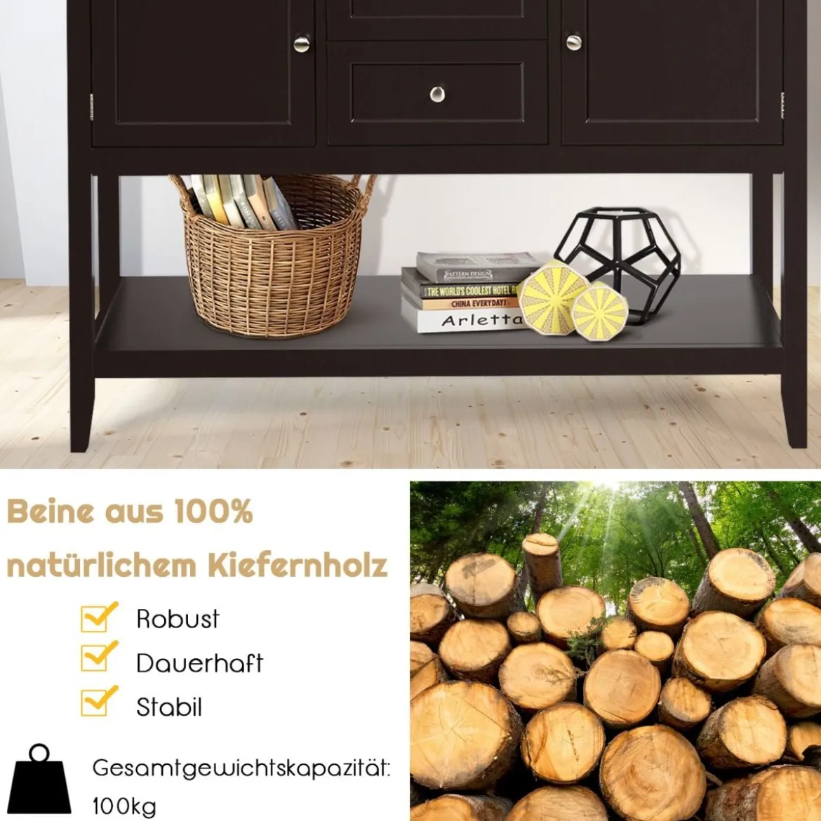 Holz-Sideboard Buffet-Tisch mit unterem Regal Konsolentisch 117 x 38 x 86,5 cm Kaffee