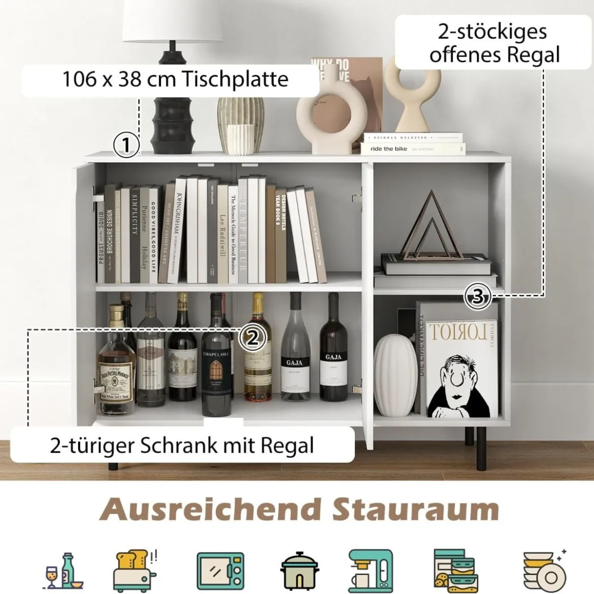 Holz Sideboard mit 4 Fächern & 2 Türen & Verstellbare Ablagen Buffetschrank Weiß