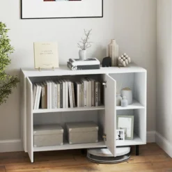 Holz Sideboard mit 4 Fächern & 2 Türen & Verstellbare Ablagen Buffetschrank Weiß