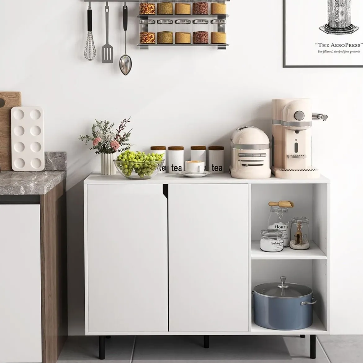 Holz Sideboard mit 4 Fächern & 2 Türen & Verstellbare Ablagen Buffetschrank Weiß