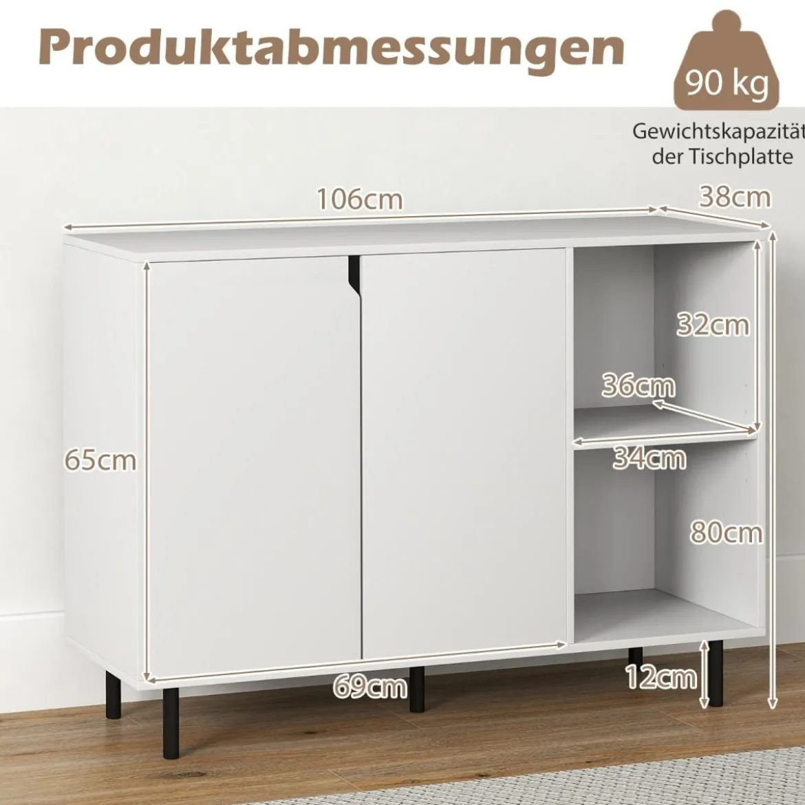 Holz Sideboard mit 4 Fächern & 2 Türen & Verstellbare Ablagen Buffetschrank Weiß