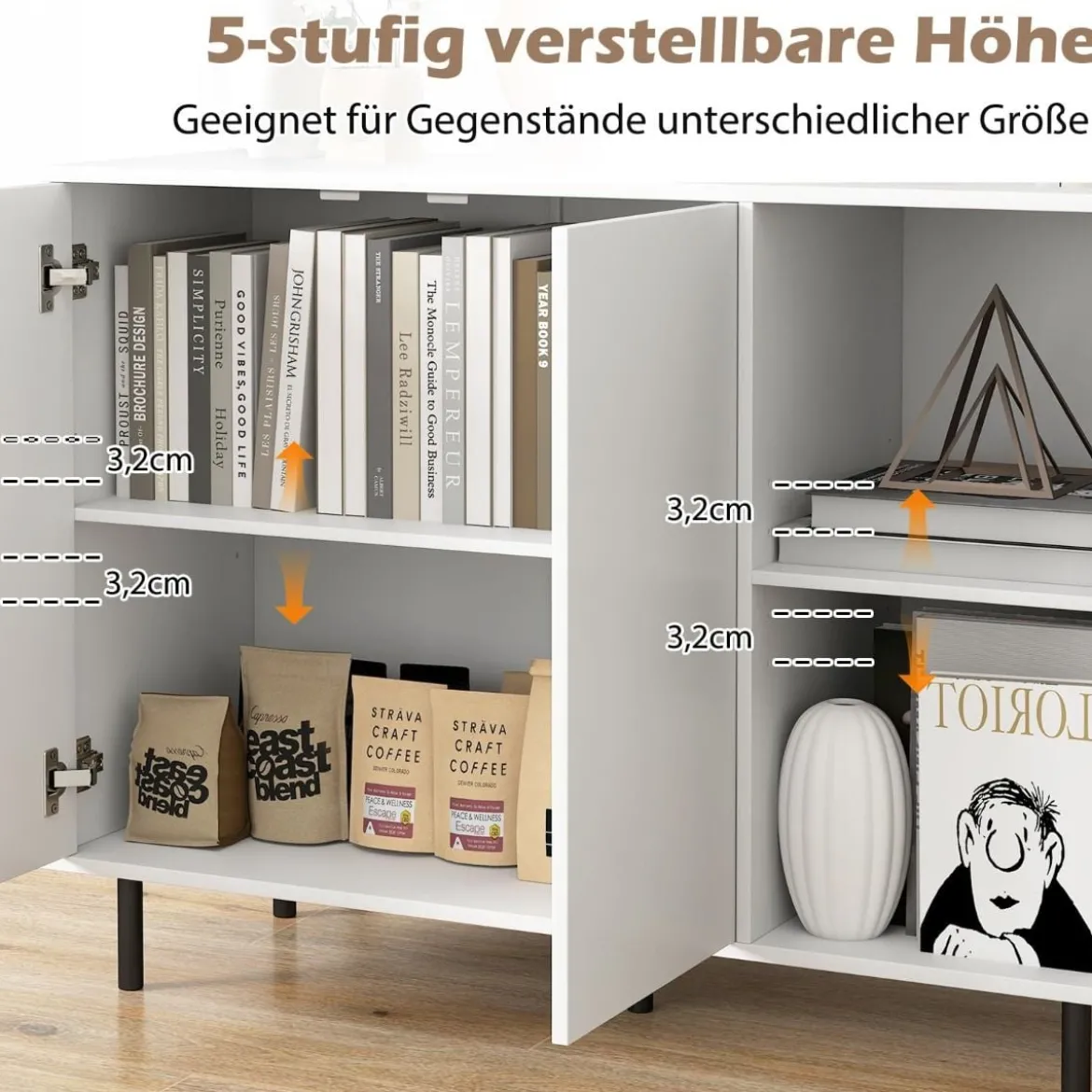 Holz Sideboard mit 4 Fächern & 2 Türen & Verstellbare Ablagen Buffetschrank Weiß
