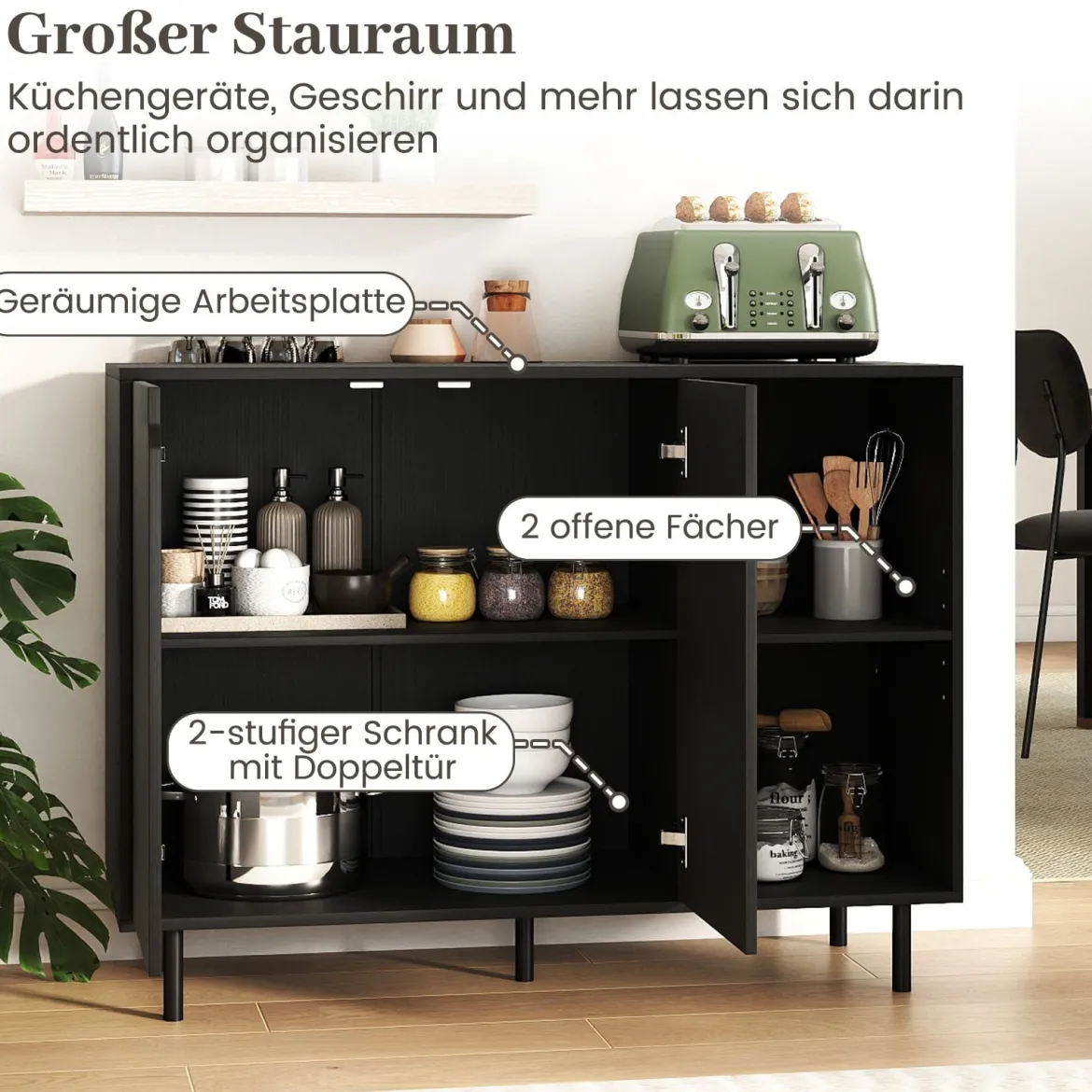 Holz Sideboard mit 4 Fächern & 2 Türen & Verstellbare Ablagen Buffetschrank Küchenschrank Schwarz