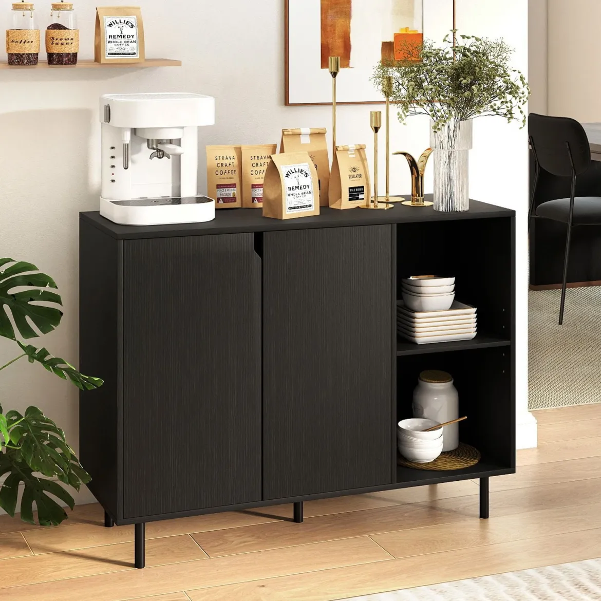 Holz Sideboard mit 4 Fächern & 2 Türen & Verstellbare Ablagen Buffetschrank Küchenschrank Schwarz