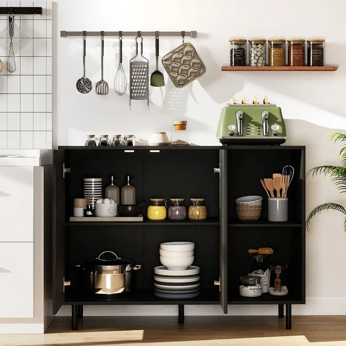 Holz Sideboard mit 4 Fächern & 2 Türen & Verstellbare Ablagen Buffetschrank Küchenschrank Schwarz