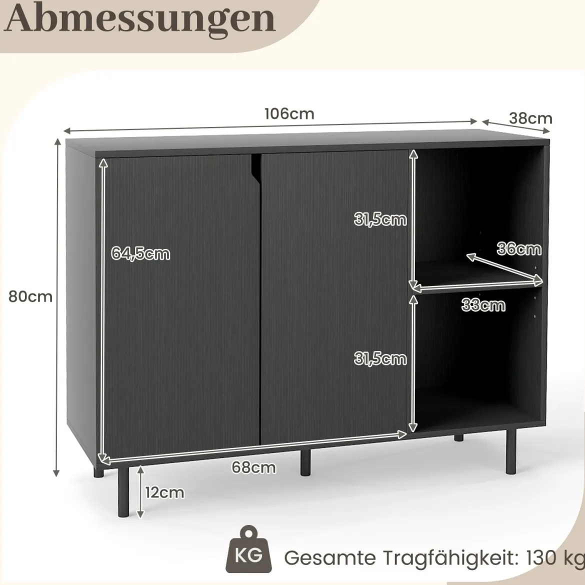 Holz Sideboard mit 4 Fächern & 2 Türen & Verstellbare Ablagen Buffetschrank Küchenschrank Schwarz