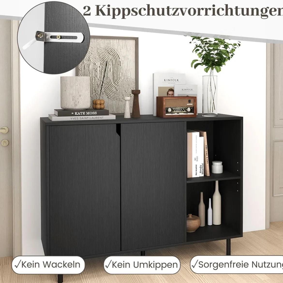 Holz Sideboard mit 4 Fächern & 2 Türen & Verstellbare Ablagen Buffetschrank Küchenschrank Schwarz
