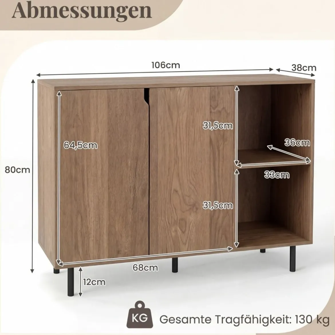 Holz Sideboard mit 4 Fächern & 2 Türen & Verstellbare Ablagen Buffetschrank Natur