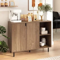Holz Sideboard mit 4 Fächern & 2 Türen & Verstellbare Ablagen Buffetschrank Natur