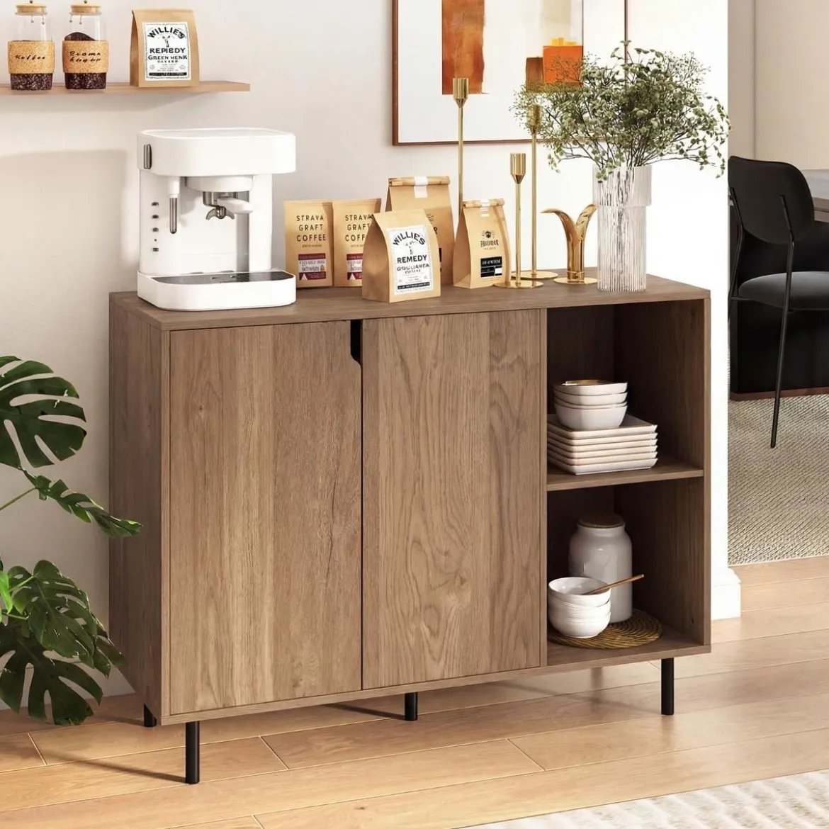 Holz Sideboard mit 4 Fächern & 2 Türen & Verstellbare Ablagen Buffetschrank Natur