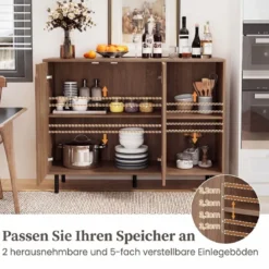 Holz Sideboard mit 4 Fächern & 2 Türen & Verstellbare Ablagen Buffetschrank Natur