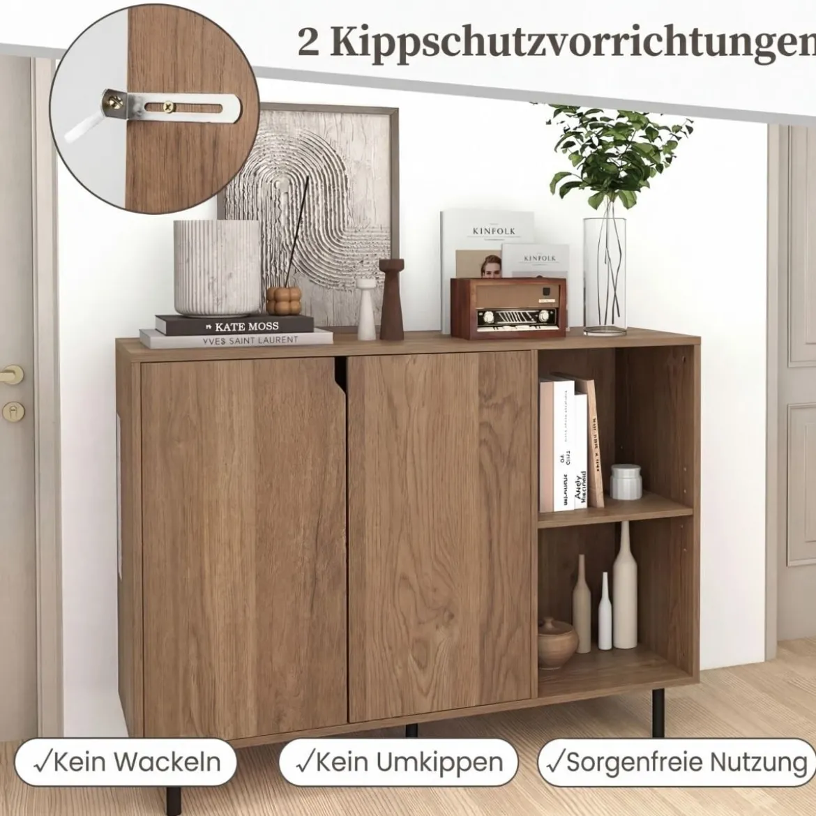 Holz Sideboard mit 4 Fächern & 2 Türen & Verstellbare Ablagen Buffetschrank Natur