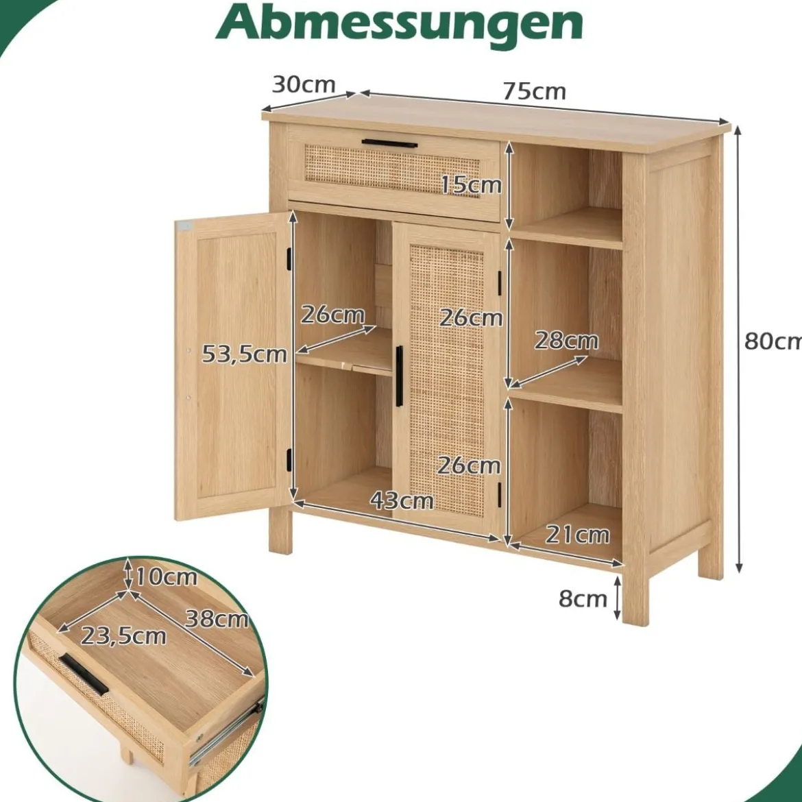 Holz Sideboard mit Rattangeflecht Türen & Schubladen Buffetschrank Küchenschrank Küchenbuffet