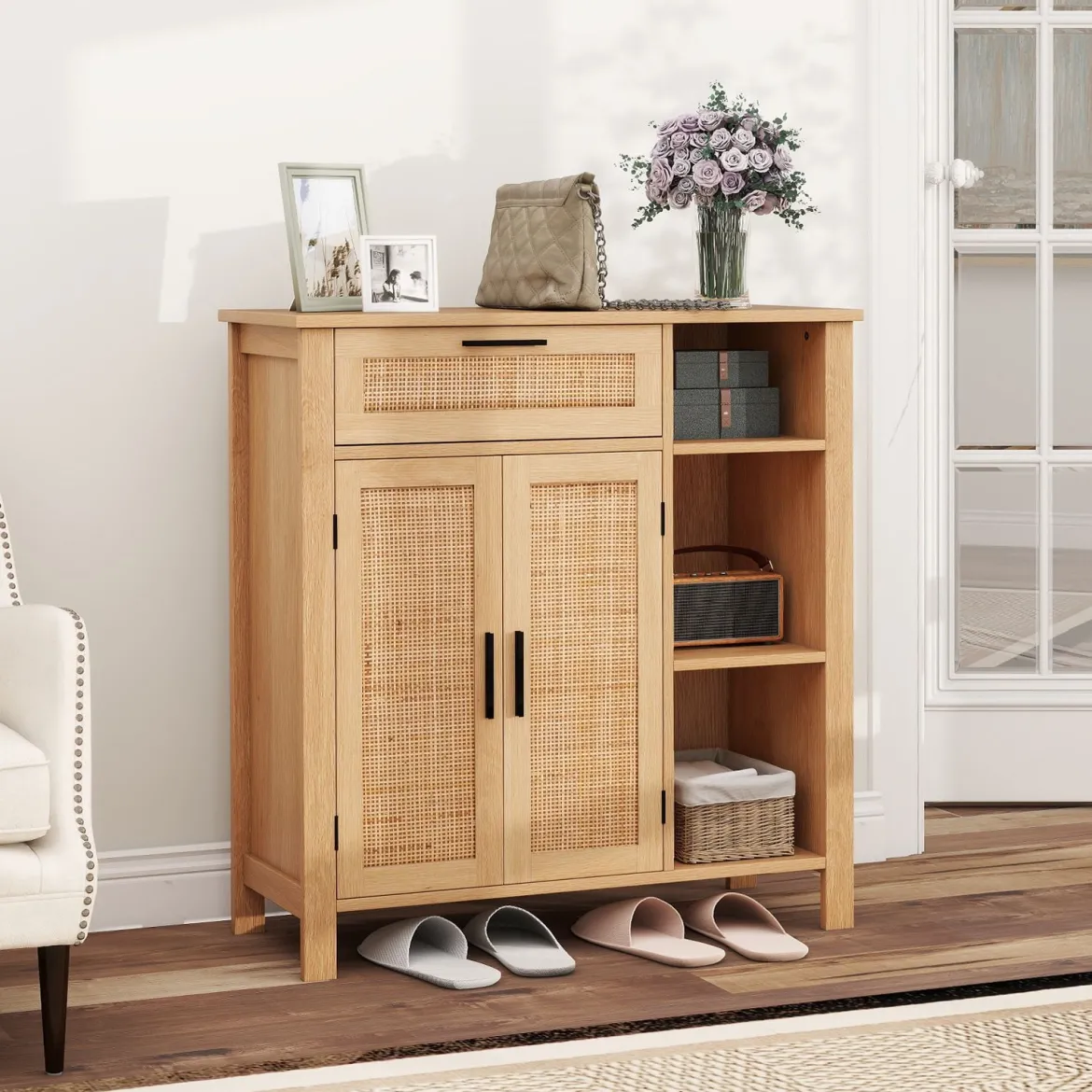 Holz Sideboard mit Rattangeflecht Türen & Schubladen Buffetschrank Küchenschrank Küchenbuffet