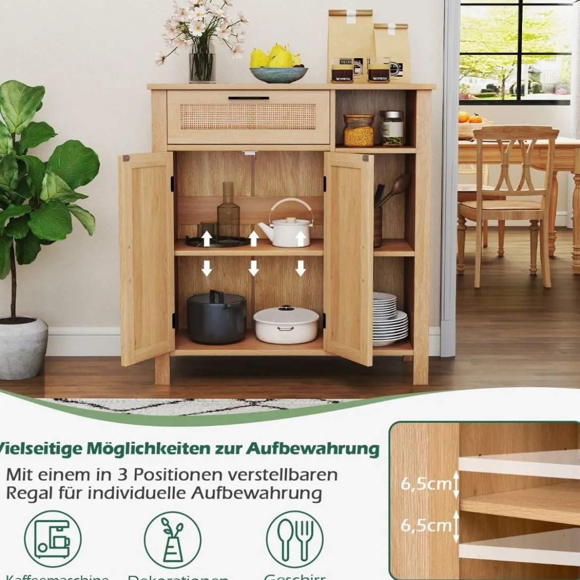 Holz Sideboard mit Rattangeflecht Türen & Schubladen Buffetschrank Küchenschrank Küchenbuffet