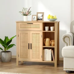 Holz Sideboard mit Rattangeflecht Türen & Schubladen Buffetschrank Küchenschrank Küchenbuffet