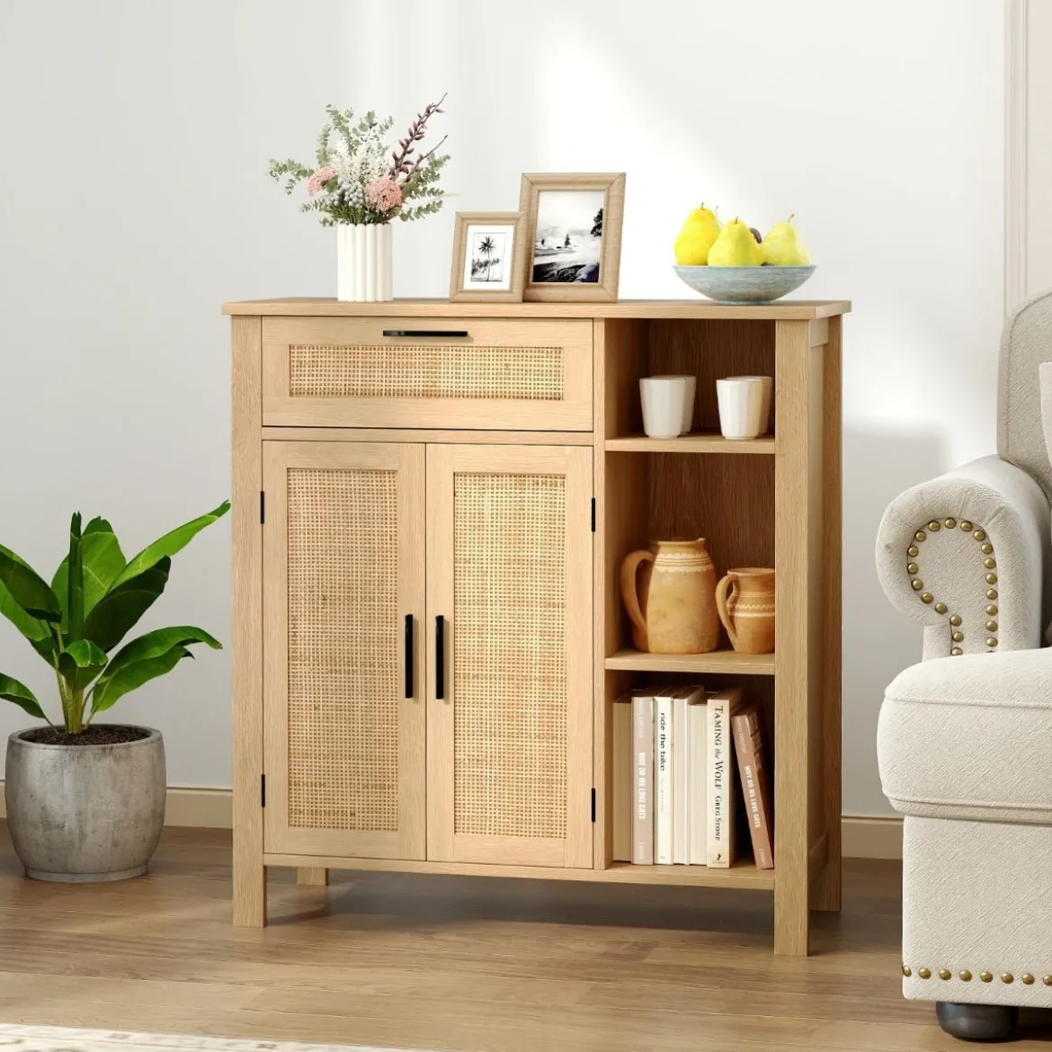 Holz Sideboard mit Rattangeflecht Türen & Schubladen Buffetschrank Küchenschrank Küchenbuffet