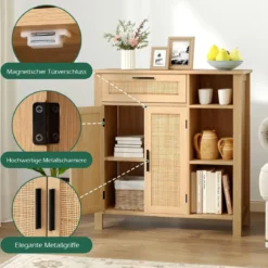 Holz Sideboard mit Rattangeflecht Türen & Schubladen Buffetschrank Küchenschrank Küchenbuffet