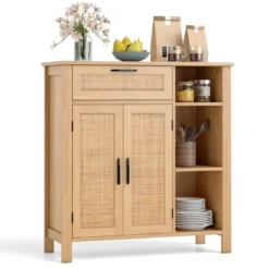 Holz Sideboard mit Rattangeflecht Türen & Schubladen Buffetschrank Küchenschrank Küchenbuffet