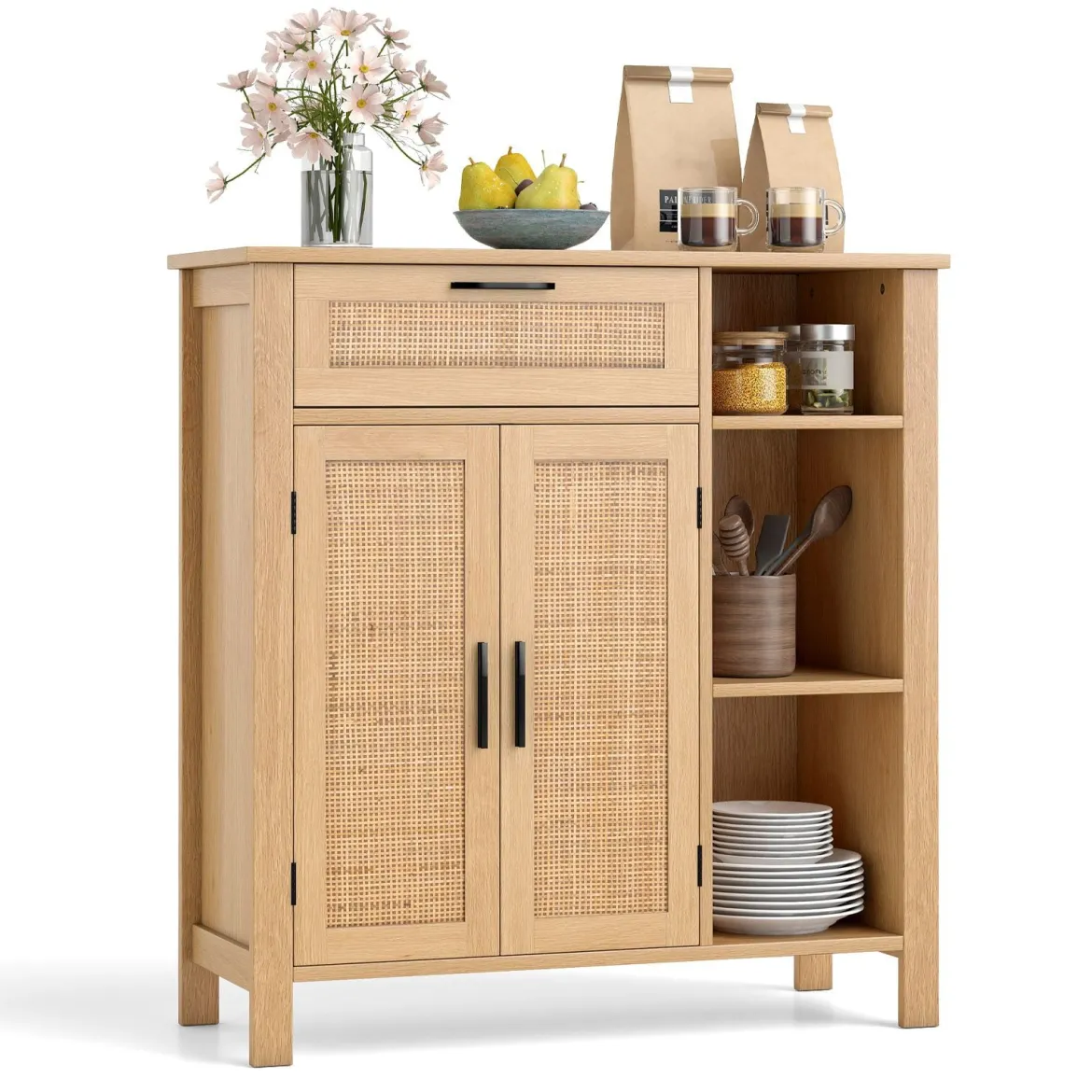 Holz Sideboard mit Rattangeflecht Türen & Schubladen Buffetschrank Küchenschrank Küchenbuffet