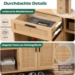 Holz Sideboard mit Rattangeflecht Türen & Schubladen Buffetschrank Küchenschrank Küchenbuffet