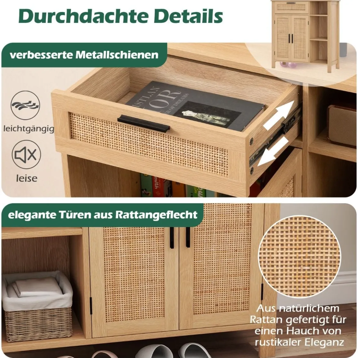 Holz Sideboard mit Rattangeflecht Türen & Schubladen Buffetschrank Küchenschrank Küchenbuffet