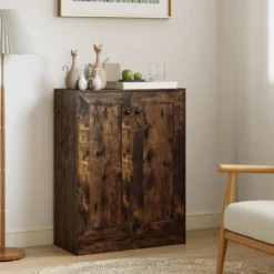 Holz Sideboard mit Türen & Verstellbaren Regalen Buffetschrank Bodenablageschrank Rustikales Braun